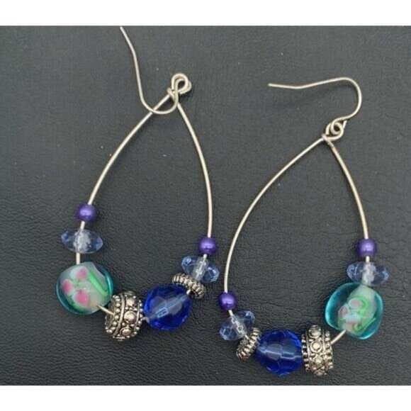Silver Tone & Blue Beaded And Art Glass Beads Tear Drop Hoop Earrings Pierced - Picture 1 of 4